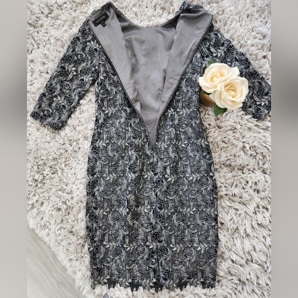 ST. JOHN Plume Embroidered Guipure Dress 4 - Picture 8 of 10